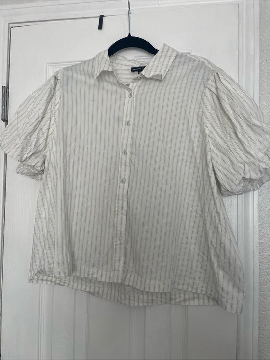 Modern Works Tops - Women's White Pinstripe Short-Sleeve Button Front Blouse